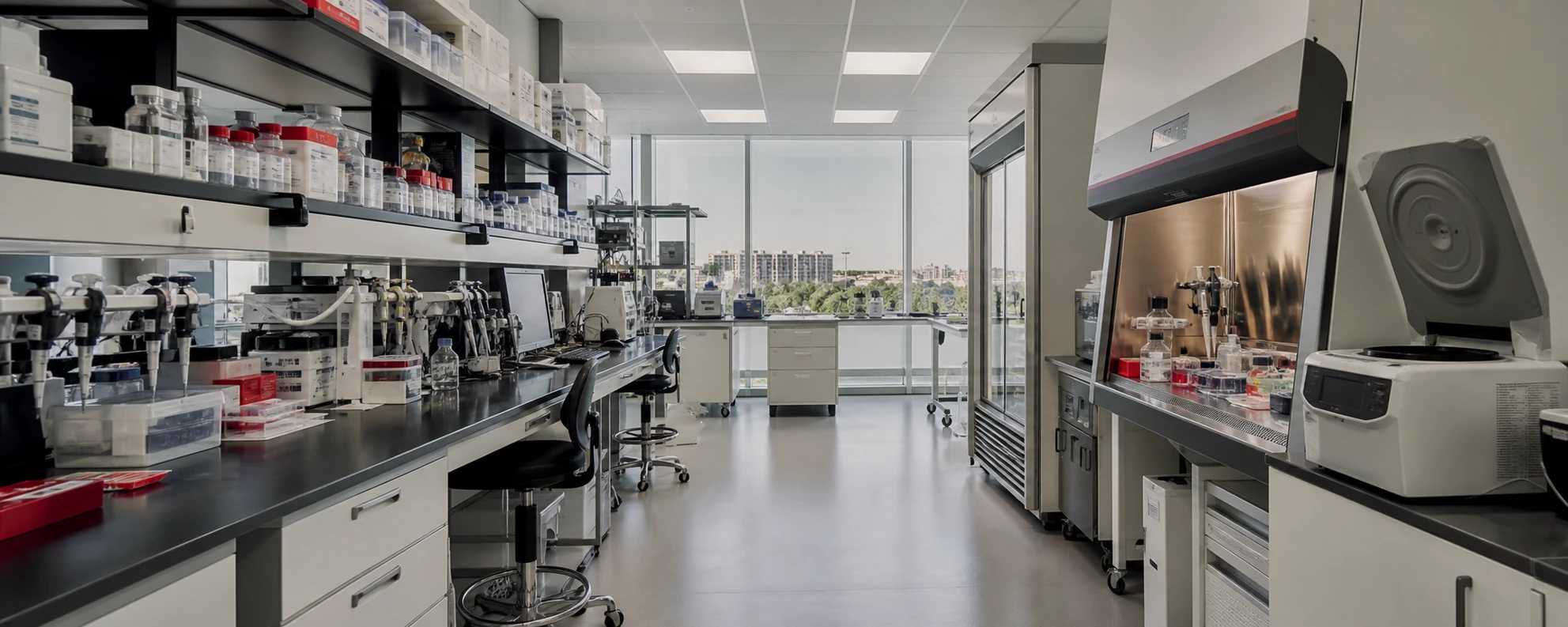 Unoccupied modern biotechnology laboratory with a biosafety cabinet, centrifuge, pipettes and cell-culture equipment