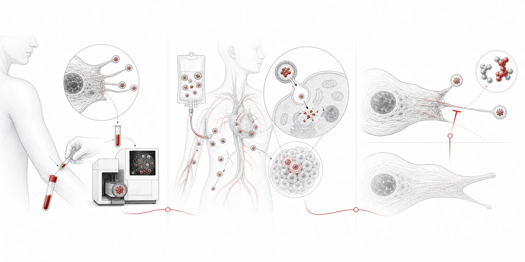 Three-part illustration of human sampling and detection for Read, target-cell delivery in the body for Rebuild, and drug blockade of migrasome formation for Rectify