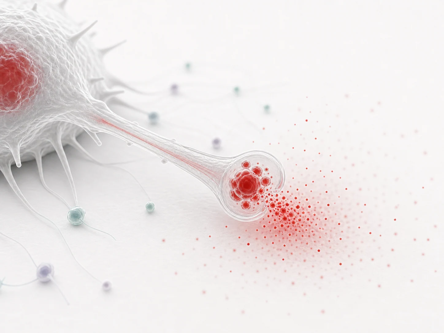 A large migrasome on a retraction fiber releasing red signaling molecules locally