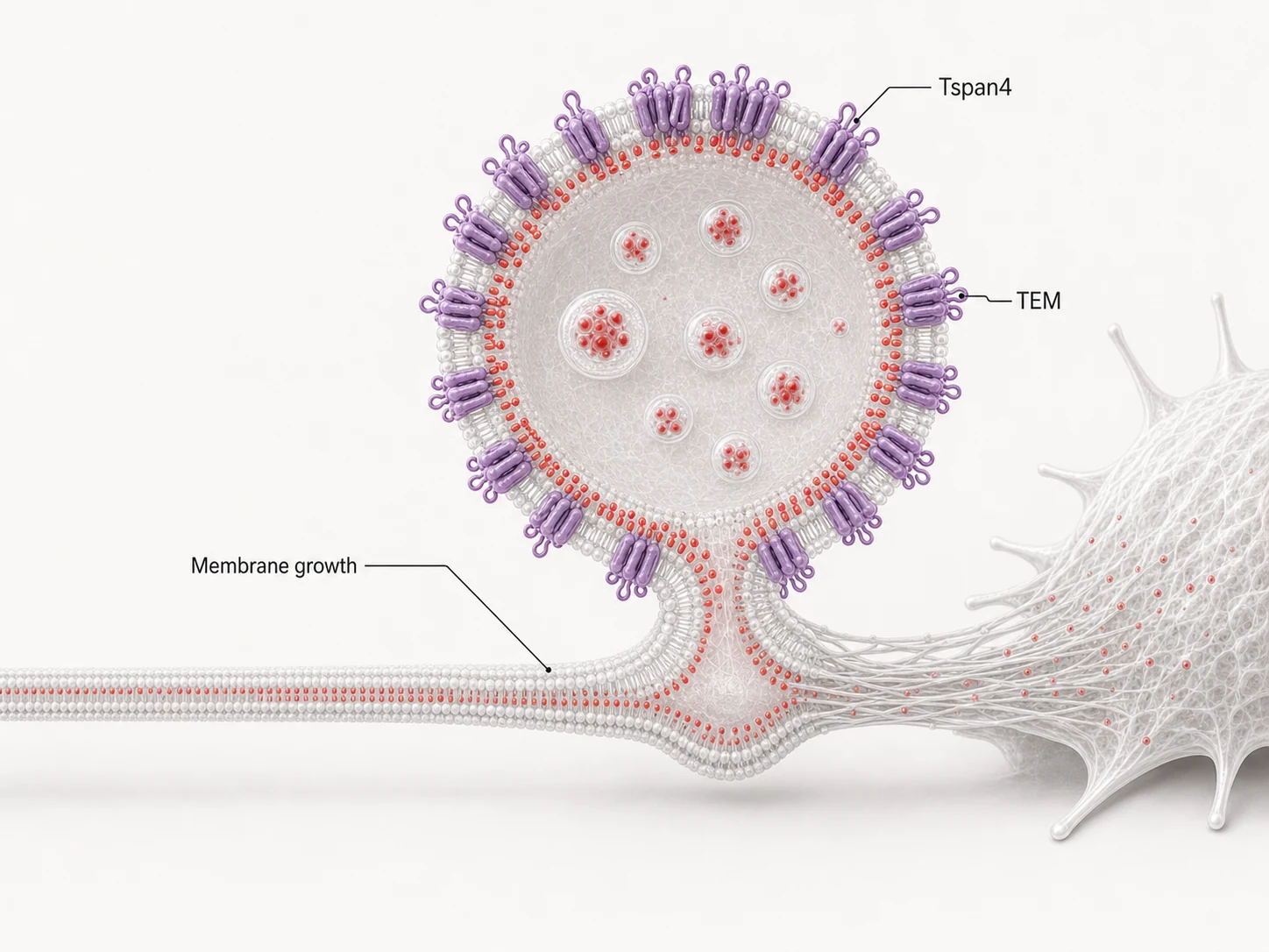 TSPAN4 and TEM enriched on an expanding migrasome membrane with multiple smaller vesicles visible inside