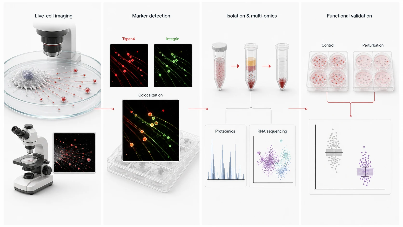 Migrasome research workflow showing live-cell imaging, marker colocalization, isolation and purification, multi-omics and functional validation