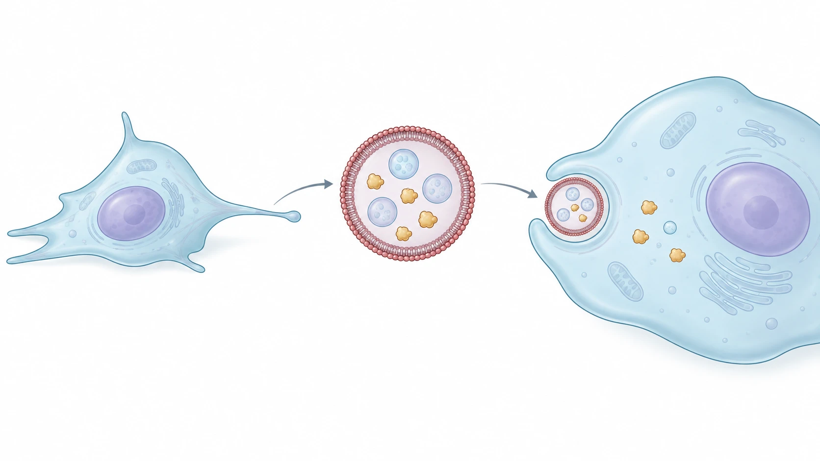 Donor cells release cargo-bearing migrasomes, which recipient cells contact and take up. Schematic cutaways of cells and vesicles.