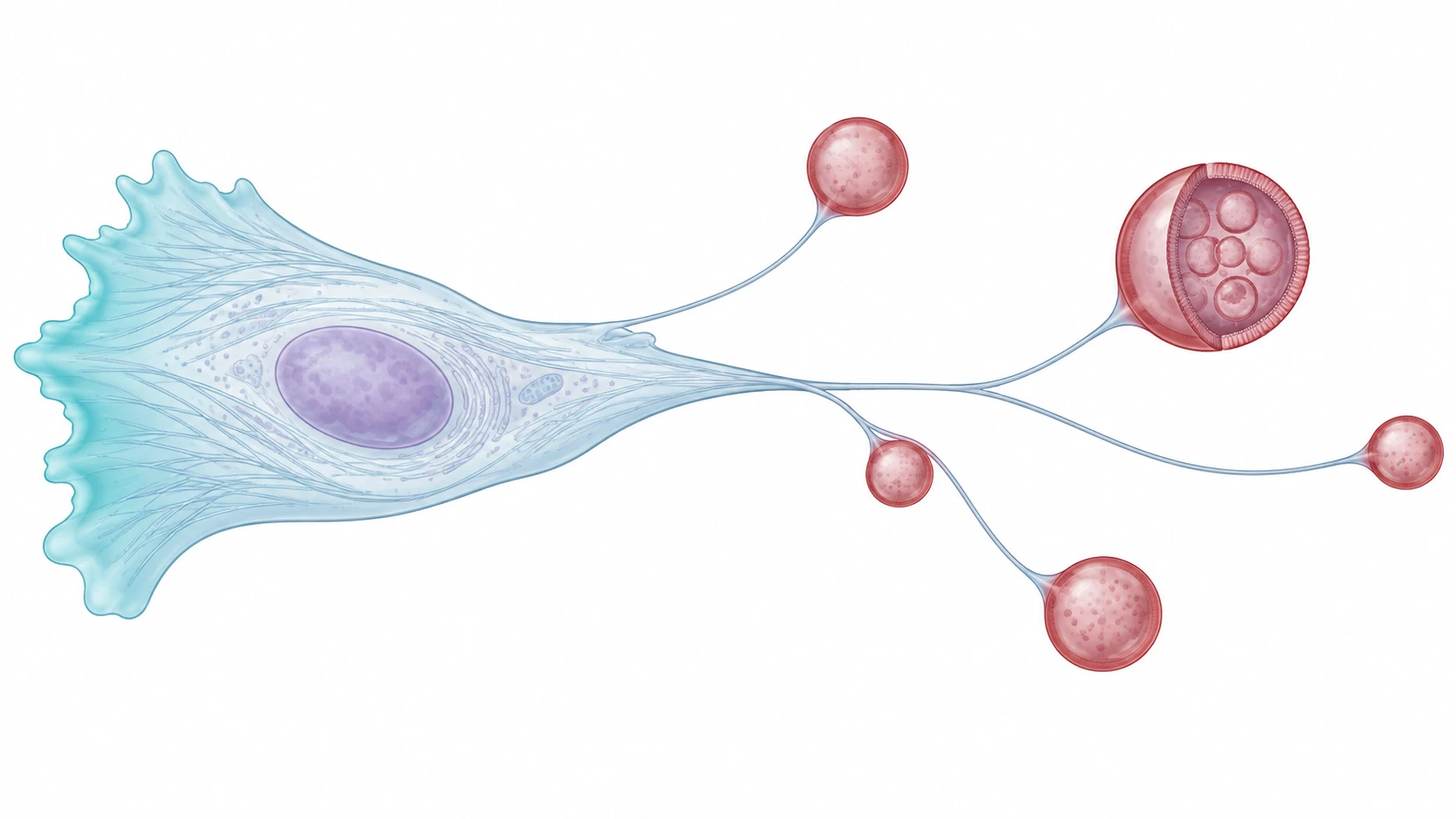 Retraction fibres extend from the rear of a migrating cell, with migrasomes forming along them. The cutaway shows small internal vesicles.