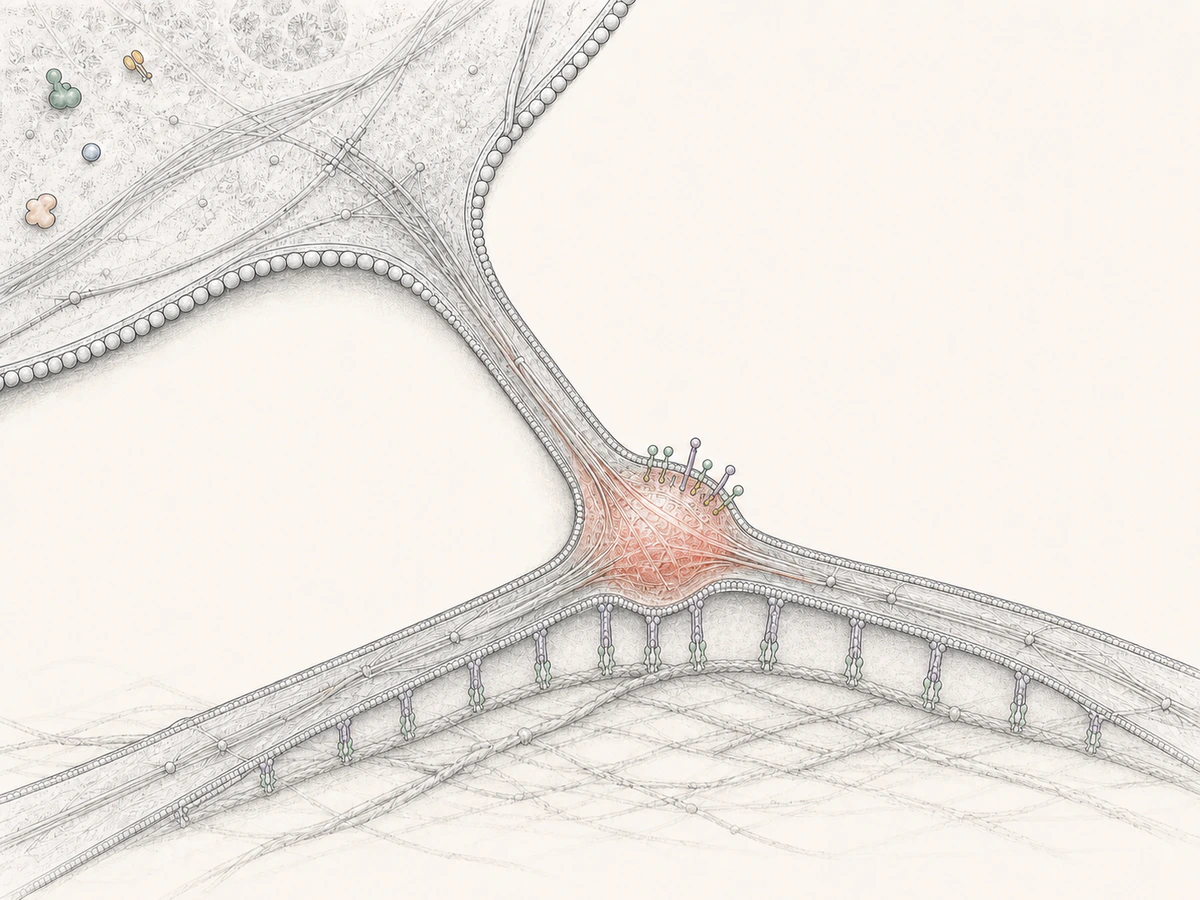 Conceptual close view of a basal cell membrane attached to extracellular matrix through multiple integrin-like contacts, with a coral membrane swelling continuous with intersecting retraction fibres.