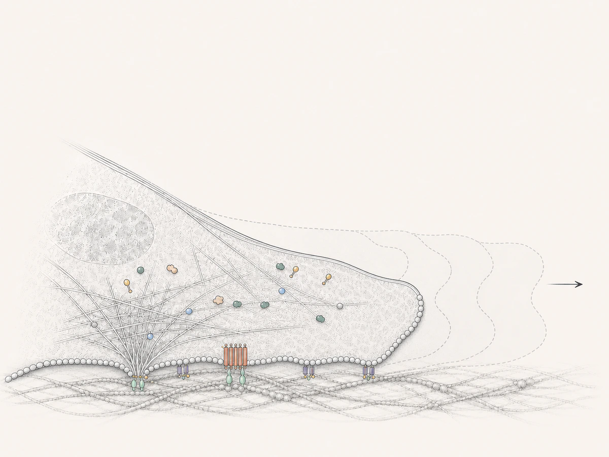 The basal surface of a migrating cultured cell adheres to extracellular matrix while ghosted outlines move forward and an SMS2-like focus remains fixed at a substrate contact through an elongating retraction fibre.