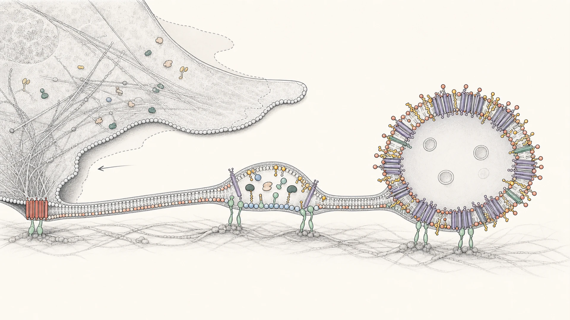 Conceptual formation model showing a substrate-anchored SMS2-like focus entering a retraction fiber, coordinated precursor maturation and TSPAN/TEM-rich migrasome expansion.