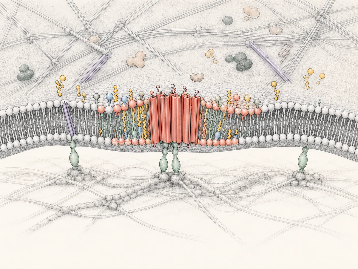 An SMS2-like transmembrane cluster occupies a localized lipid domain in the basal membrane, with shallow curvature and matrix anchoring.