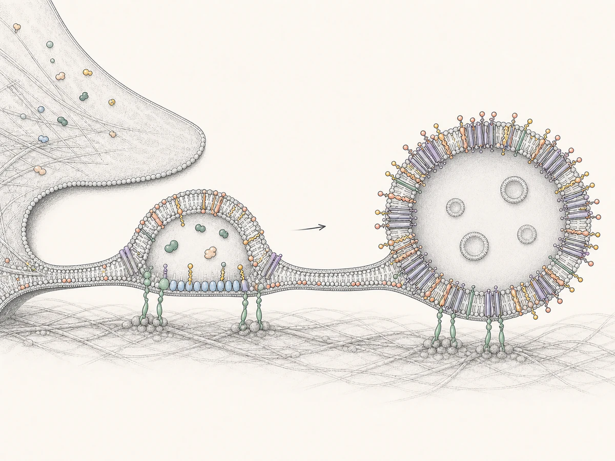A continuous retraction-fiber membrane shows a coordinated precursor dome at left and a TSPAN/TEM-microdomain-rich expanded migrasome at right.