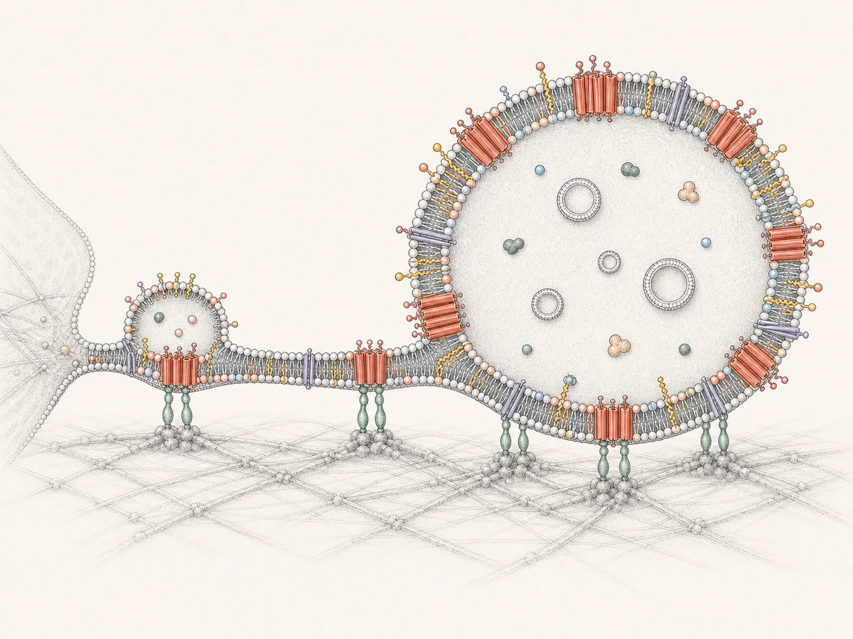 A continuous retraction fiber expands from a smaller precursor into one large, matrix-anchored migrasome enriched in tetraspanin-like membrane clusters and sparse intraluminal vesicles.