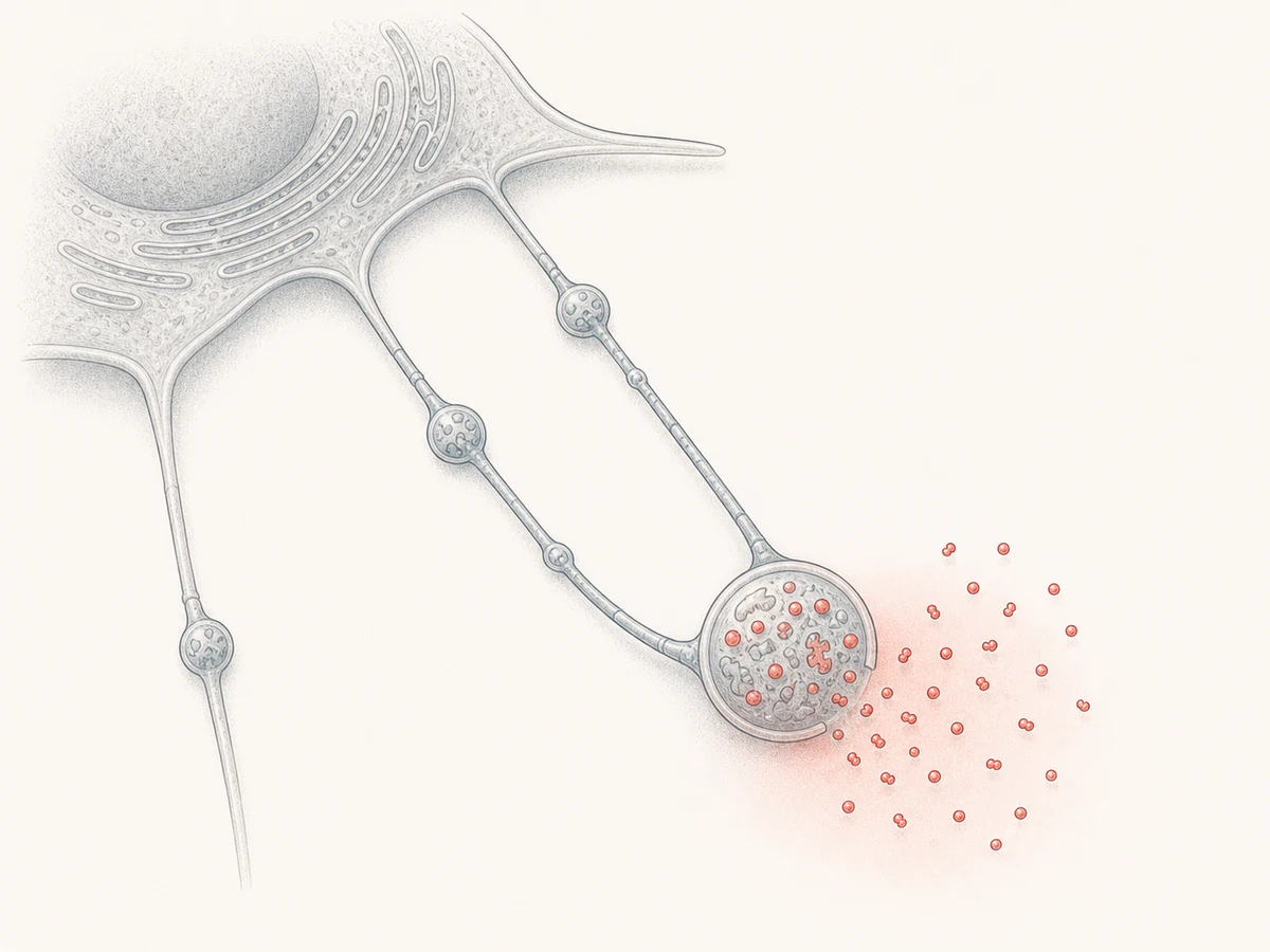 One fiber-attached migrasome releases a small cluster of soluble cargo into a compact local zone beside a migrating cultured cell.