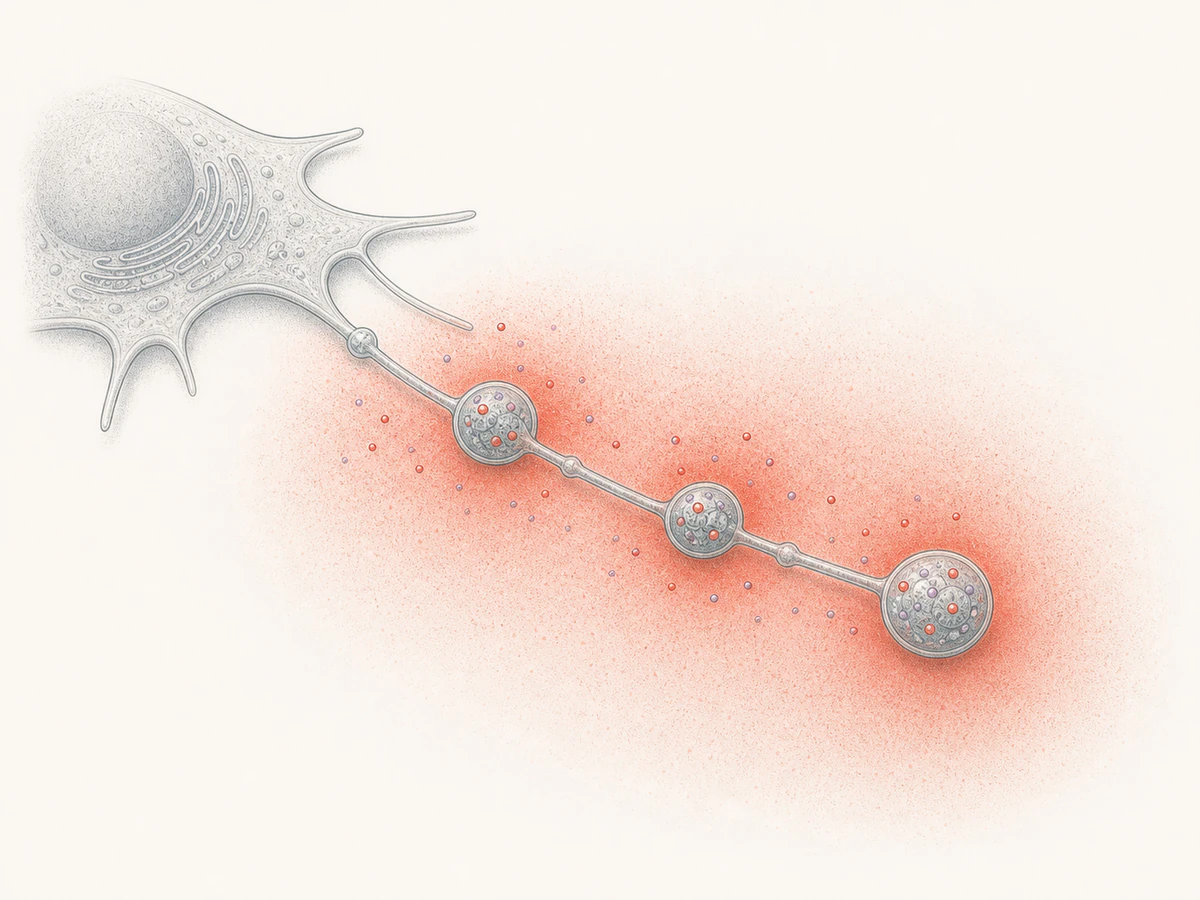 Three fiber-attached migrasomes are surrounded by a soft, unscaled coral signaling halo that fades into the local field.