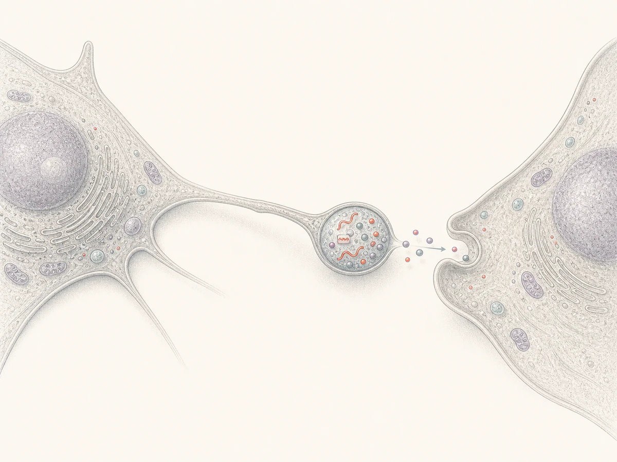 Sparse RNA- and protein-like cargo travels from a donor-cell migrasome toward an uptake cup on a separate recipient cultured cell.
