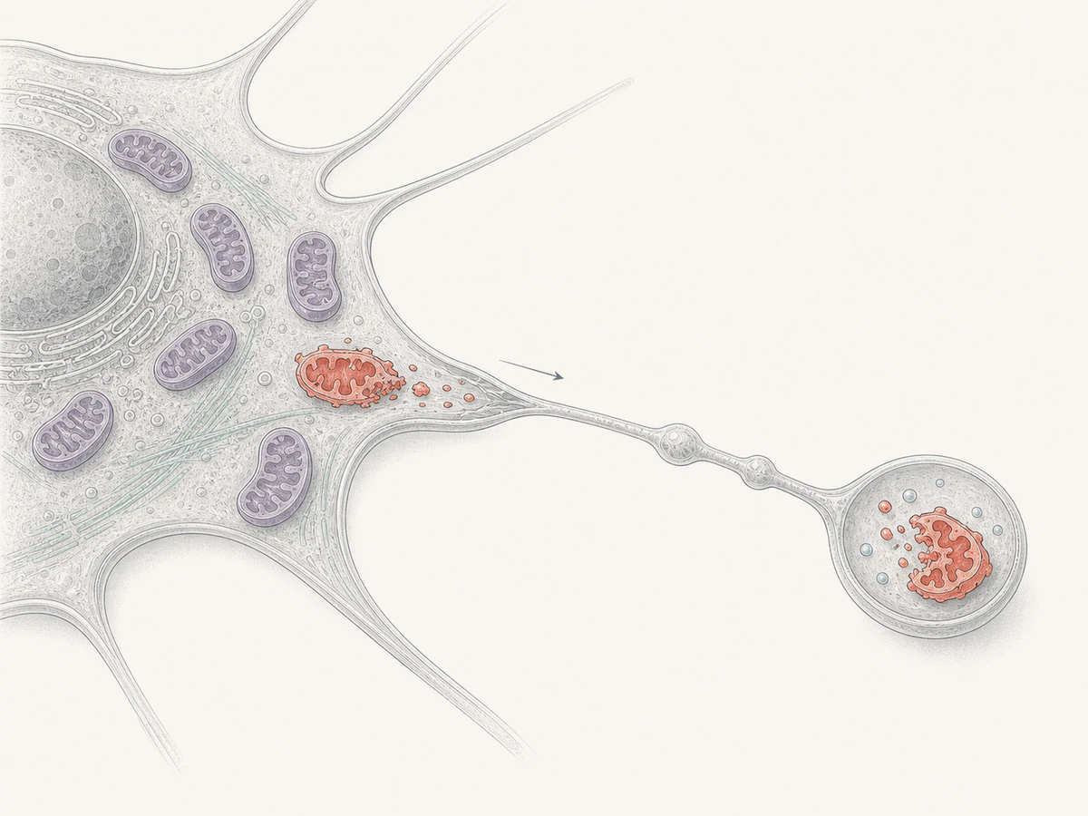 Healthy mitochondria remain inside the donor cell while one damaged mitochondria-associated fragment enters a fiber-attached migrasome.