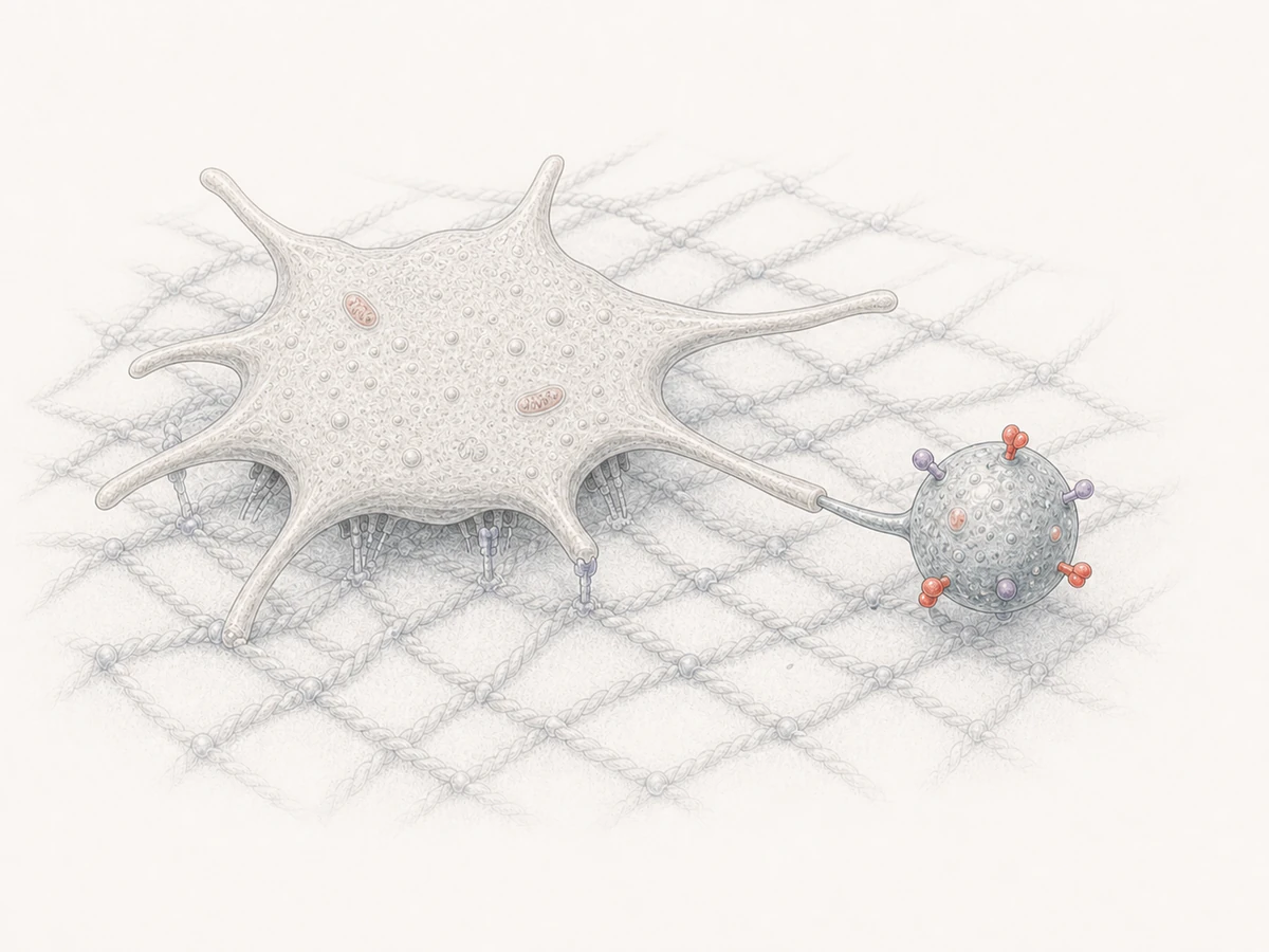 An anucleate platelet-like research cell rests on a collagen-like matrix beside a tethered migrasome carrying a few coagulation-factor-like surface tokens.