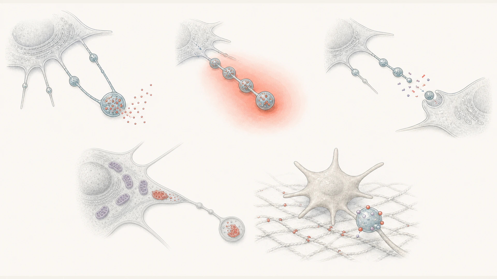 Five conceptual migrasome functions: localized secretion, a non-quantitative signaling halo, cautious cellular transfer, selective damaged-mitochondrial-material transport and local coagulation-factor participation.