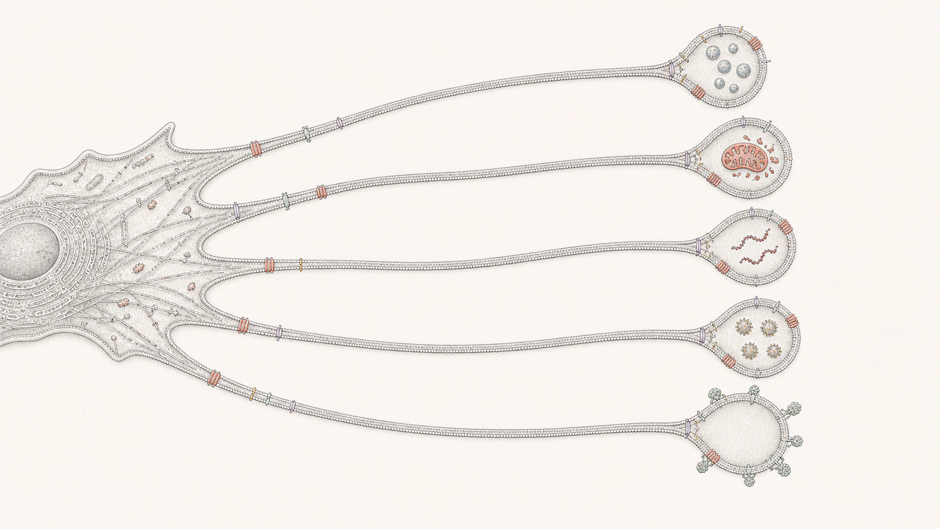 Five fiber-connected migrasomes separately contain secretory vesicles, damaged mitochondria-associated material, mRNA, and virus particles, while coagulation-factor-like proteins adsorb only to the fifth migrasome's outer surface.